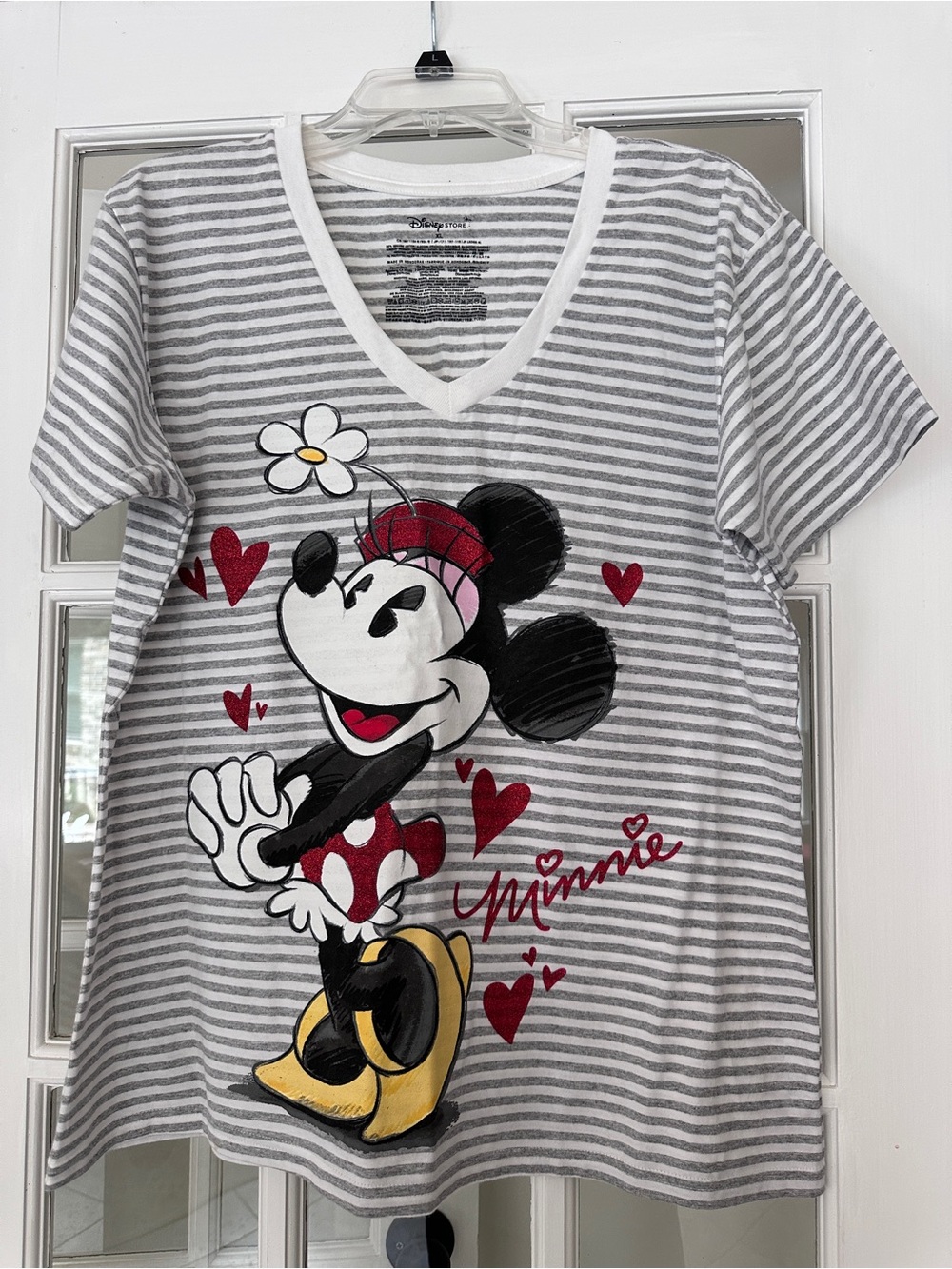 Disney Minnie Mouse Gray & White Striped V-Neck Tee with Red Accents
